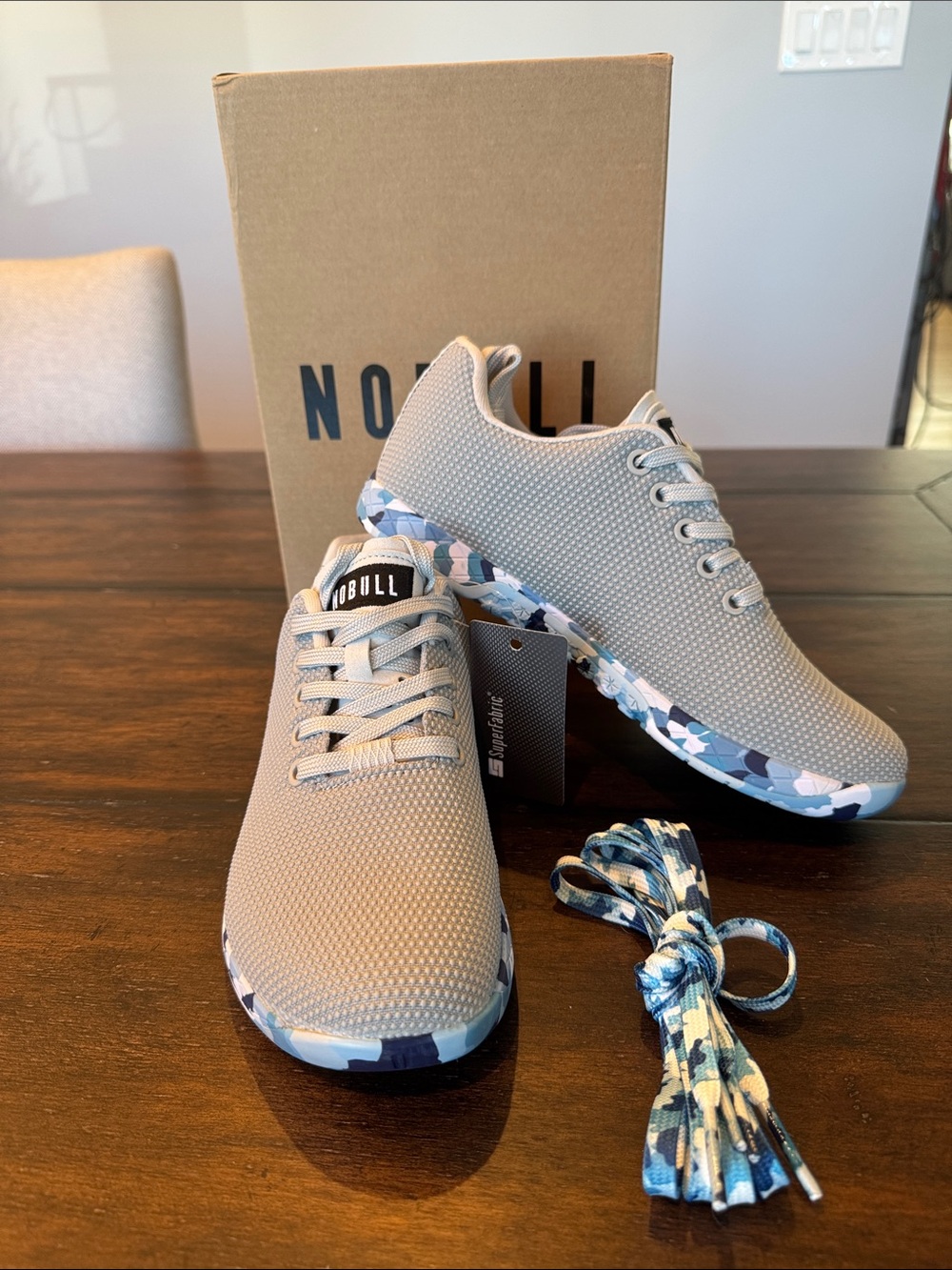 NOBULL Women’s Light Gray Mesh Sneakers with Blue Camo Sole